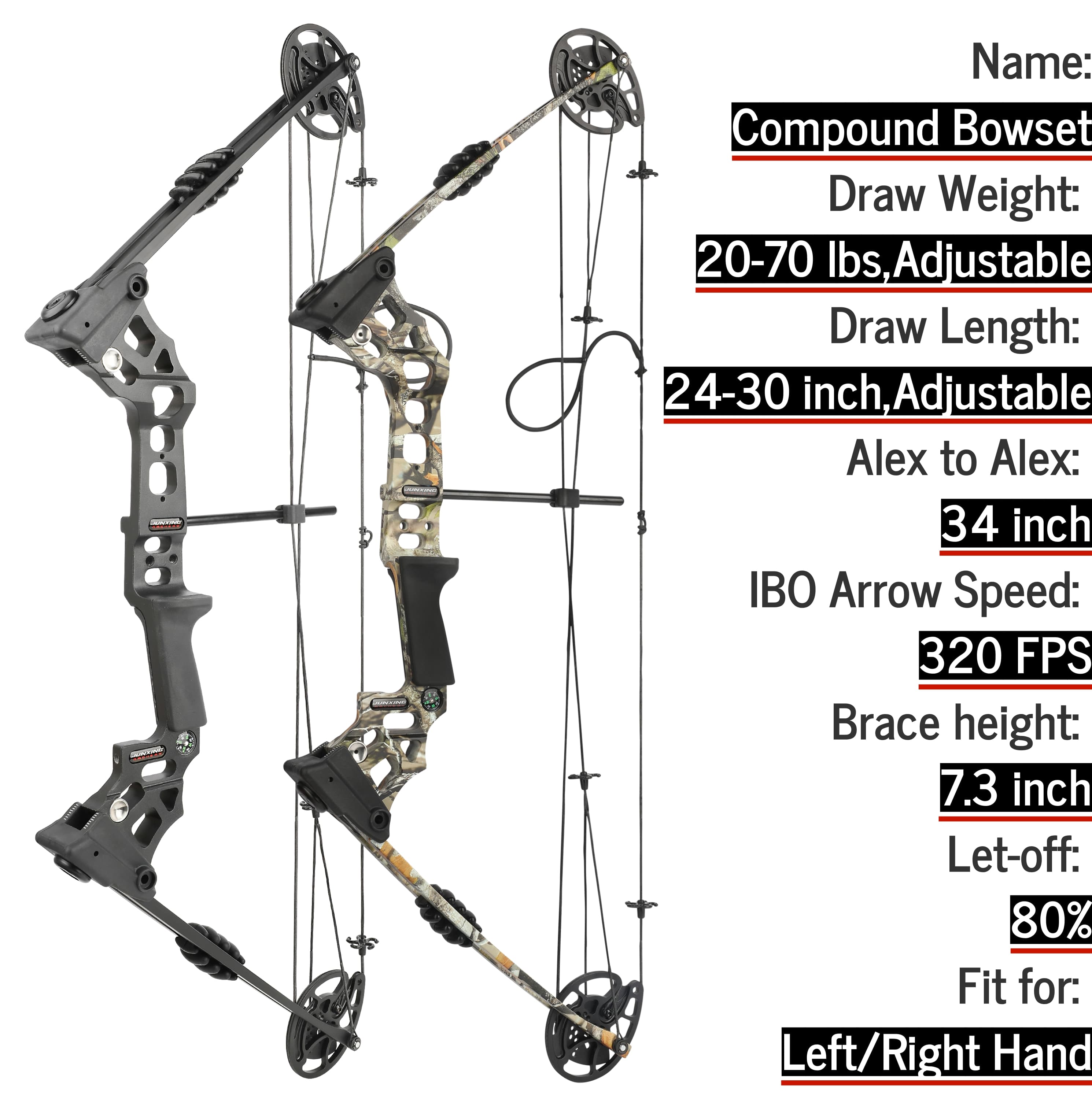 Compound Bow Set 0-70lbs Archery Let-off 80% RH LH
