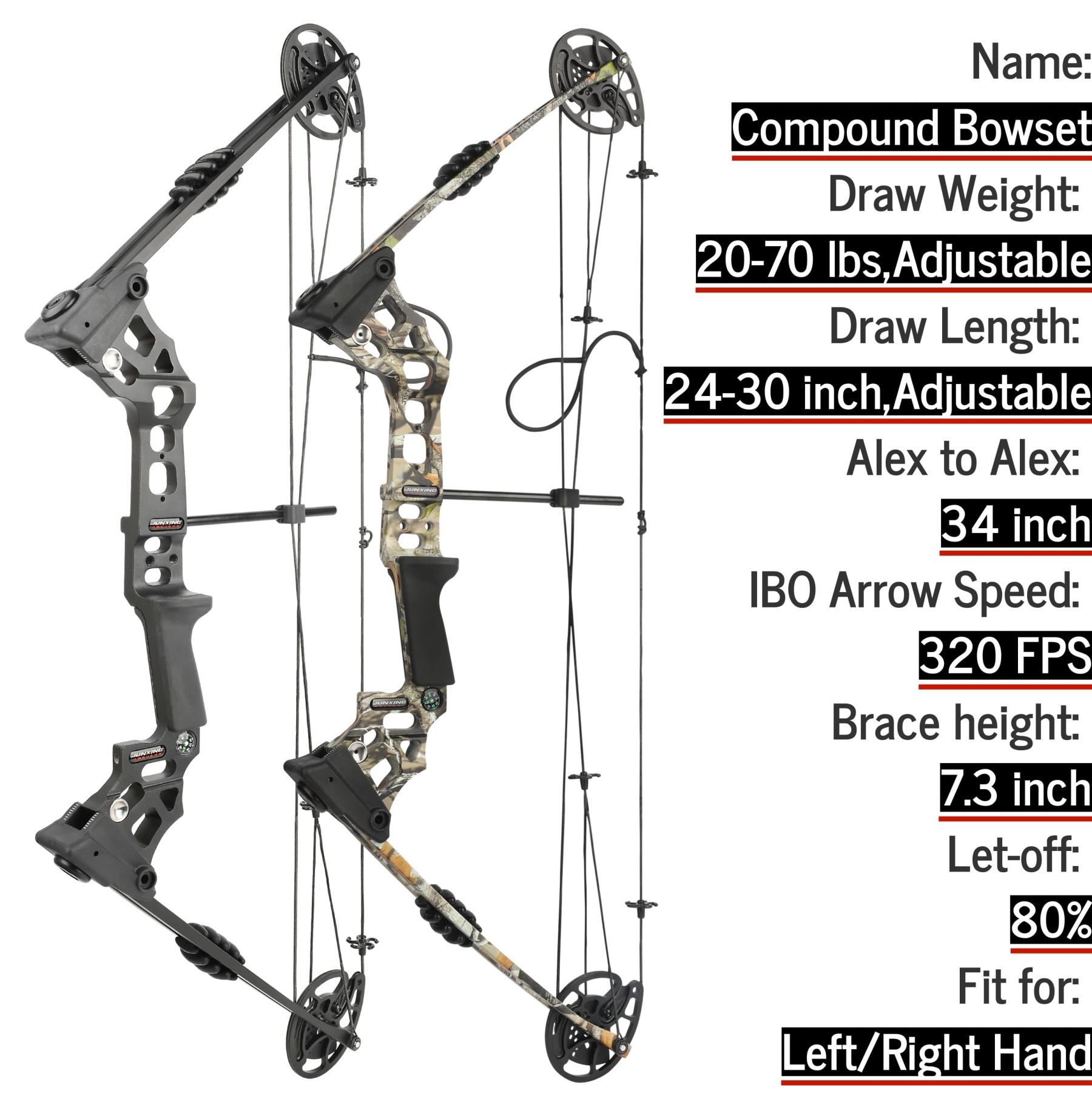 Compound Bow Set 0-70lbs Archery Let-off 80% RH LH