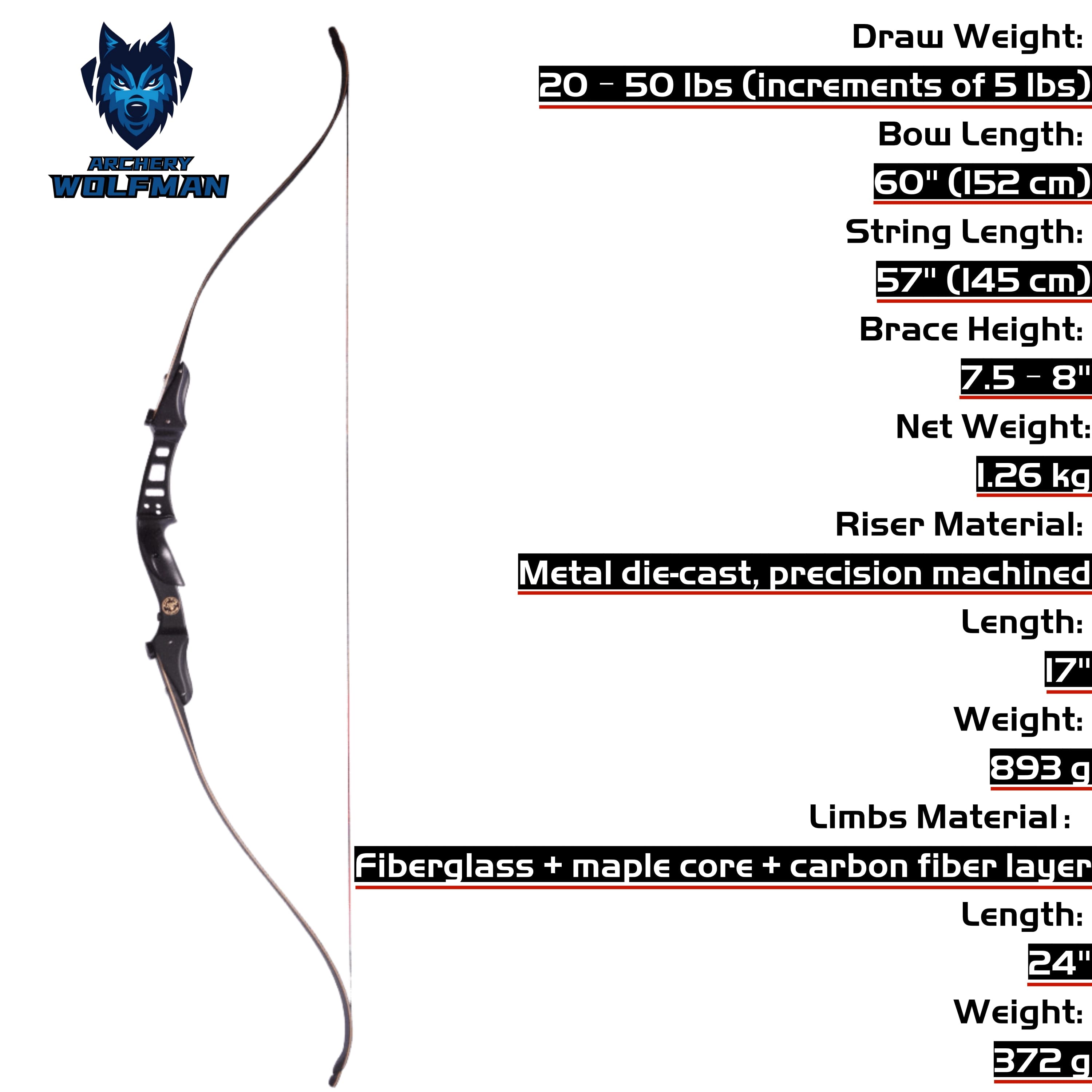 60" Recurve Bow Set 25-50lbs with Complete Accessories