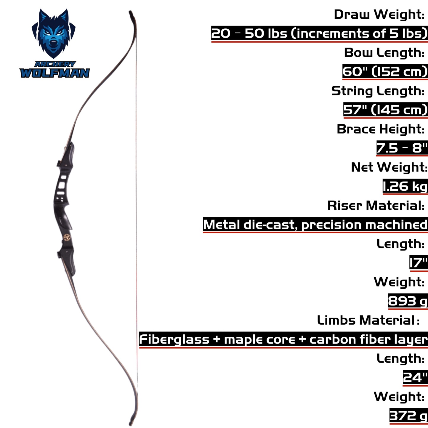 60" Recurve Bow Set 25-50lbs with Complete Accessories