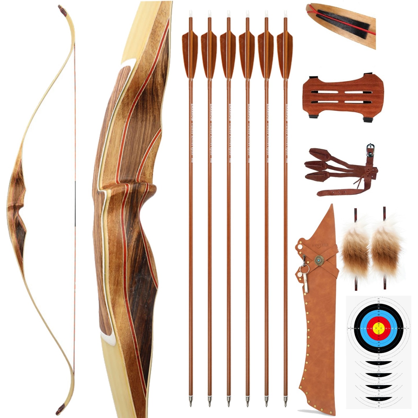 62'' One-Piece Traditional Recurve Bow Longbow Wooden 30-60lbs 
