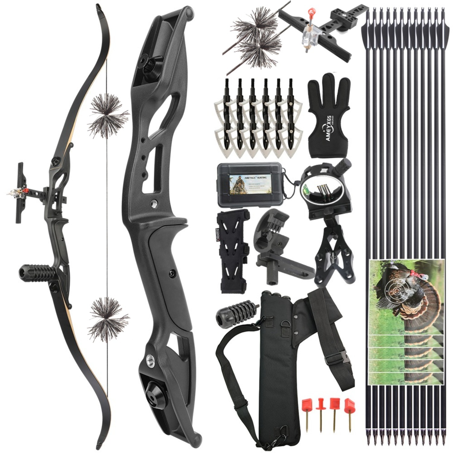 Junxing F179 recurve bow in black, red, camo with full accessory package