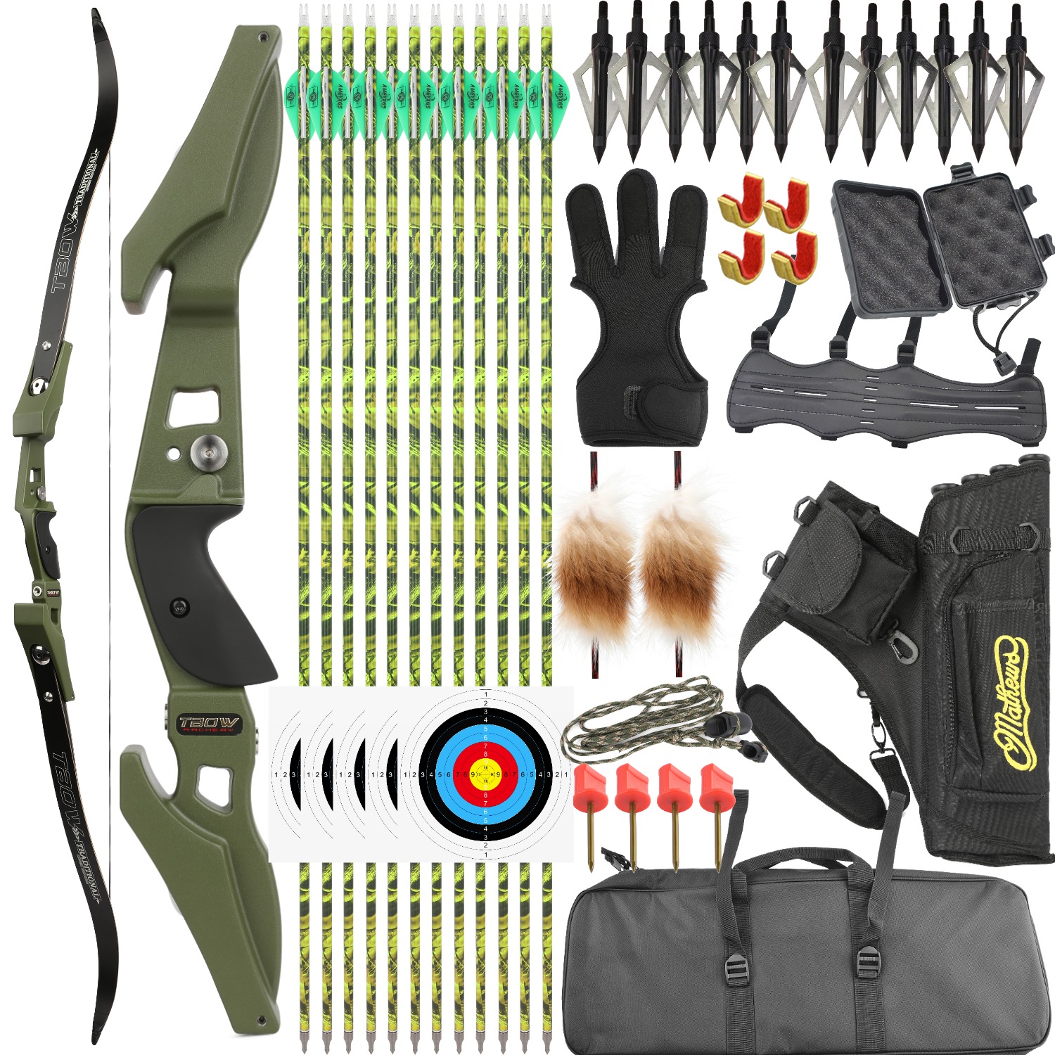 Military green ILF recurve bow with full gear