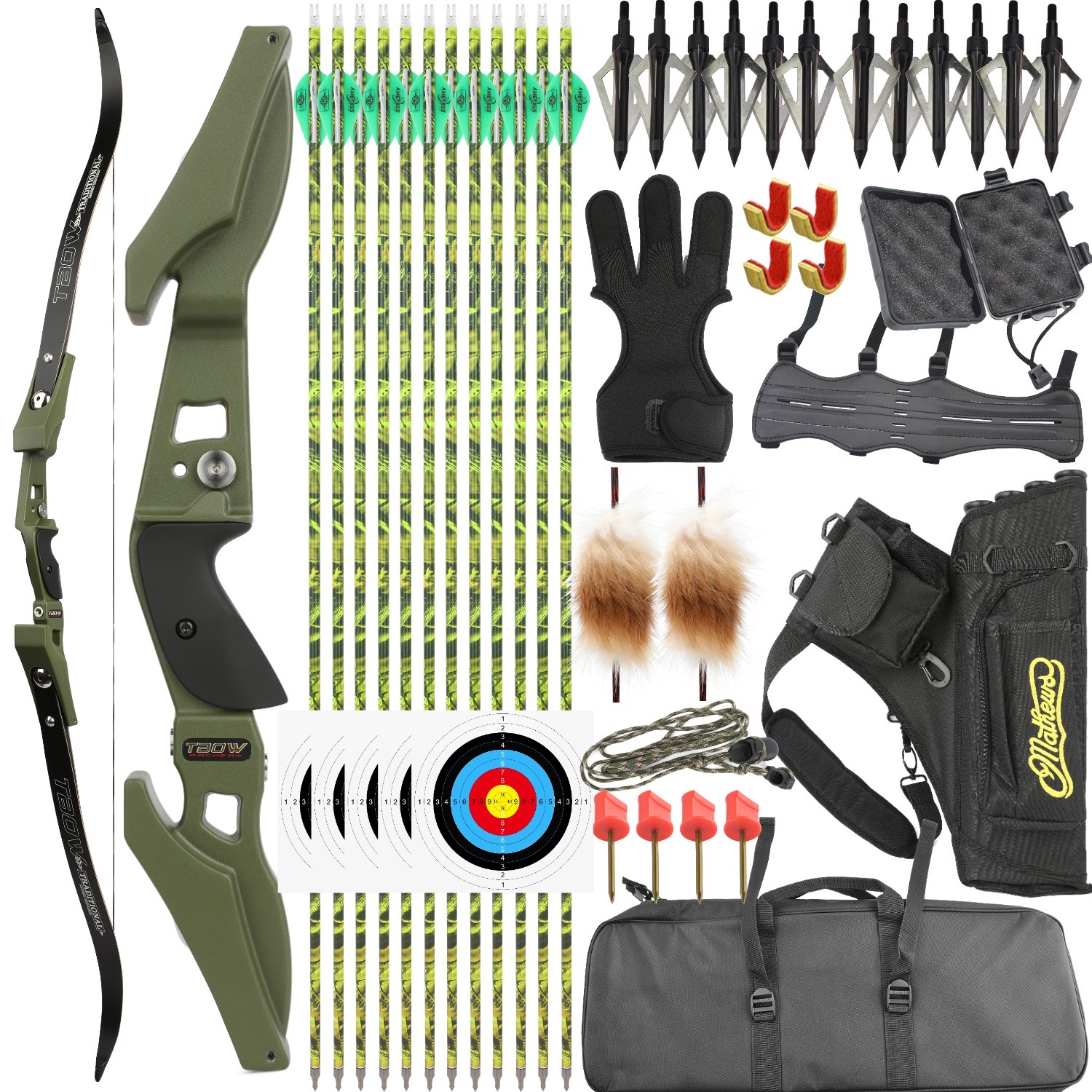 Military green ILF recurve bow with full gear