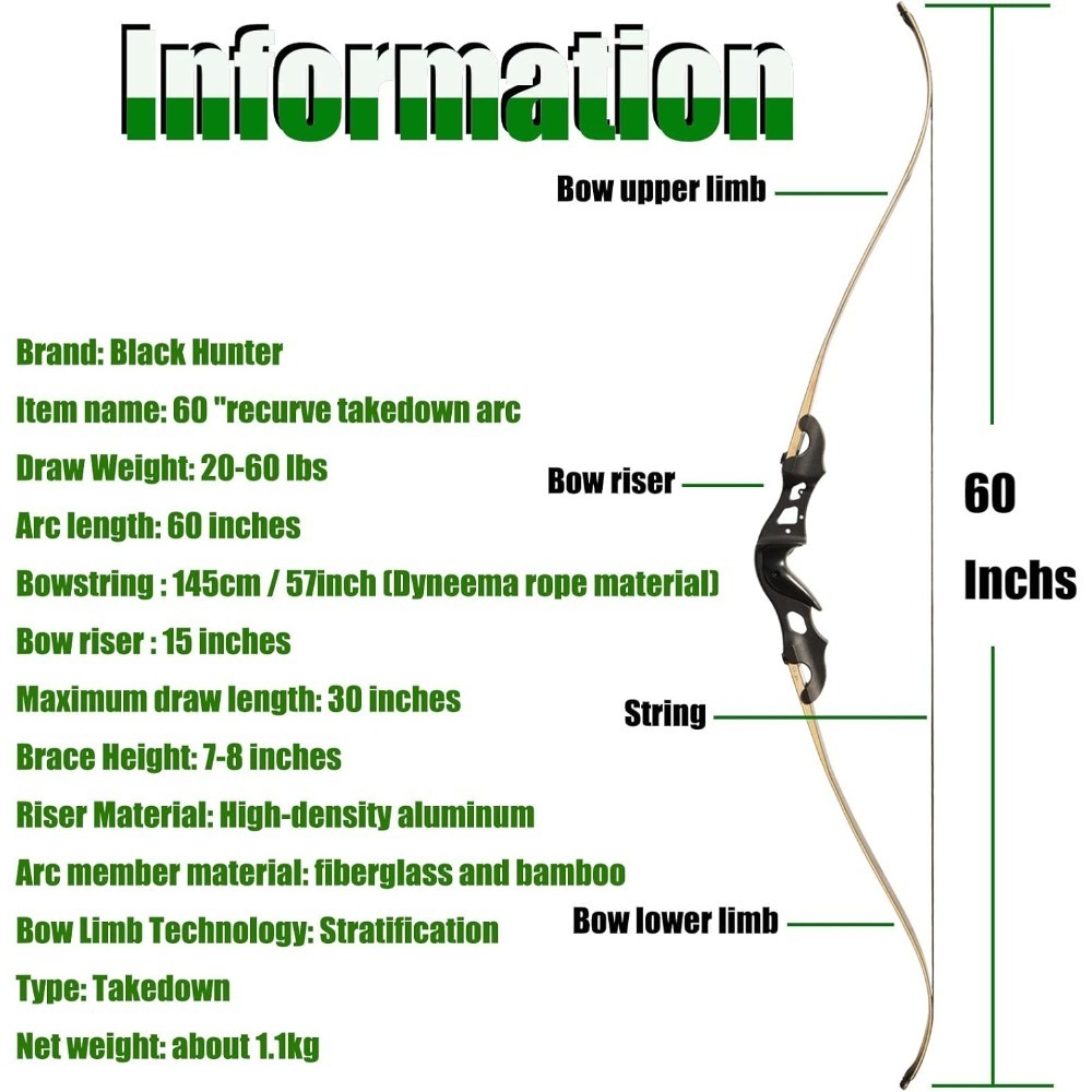BLACK HUNTER Recurve Bow 60" 20-55 lbs for Hunting Target Practice