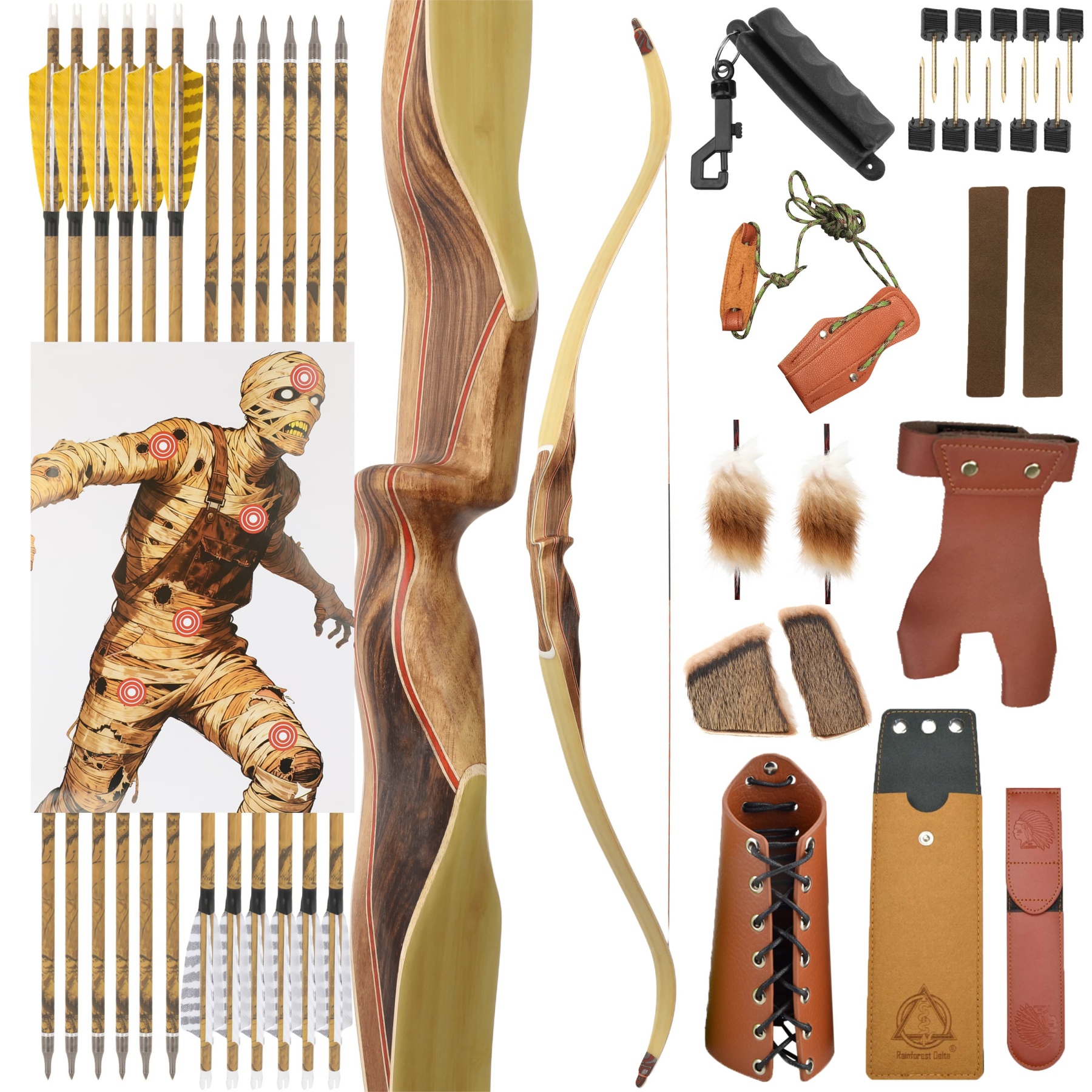 62" Traditional Recurve Longbow Hunting Target Bow | 30-60lbs | Ebony Maple Wood