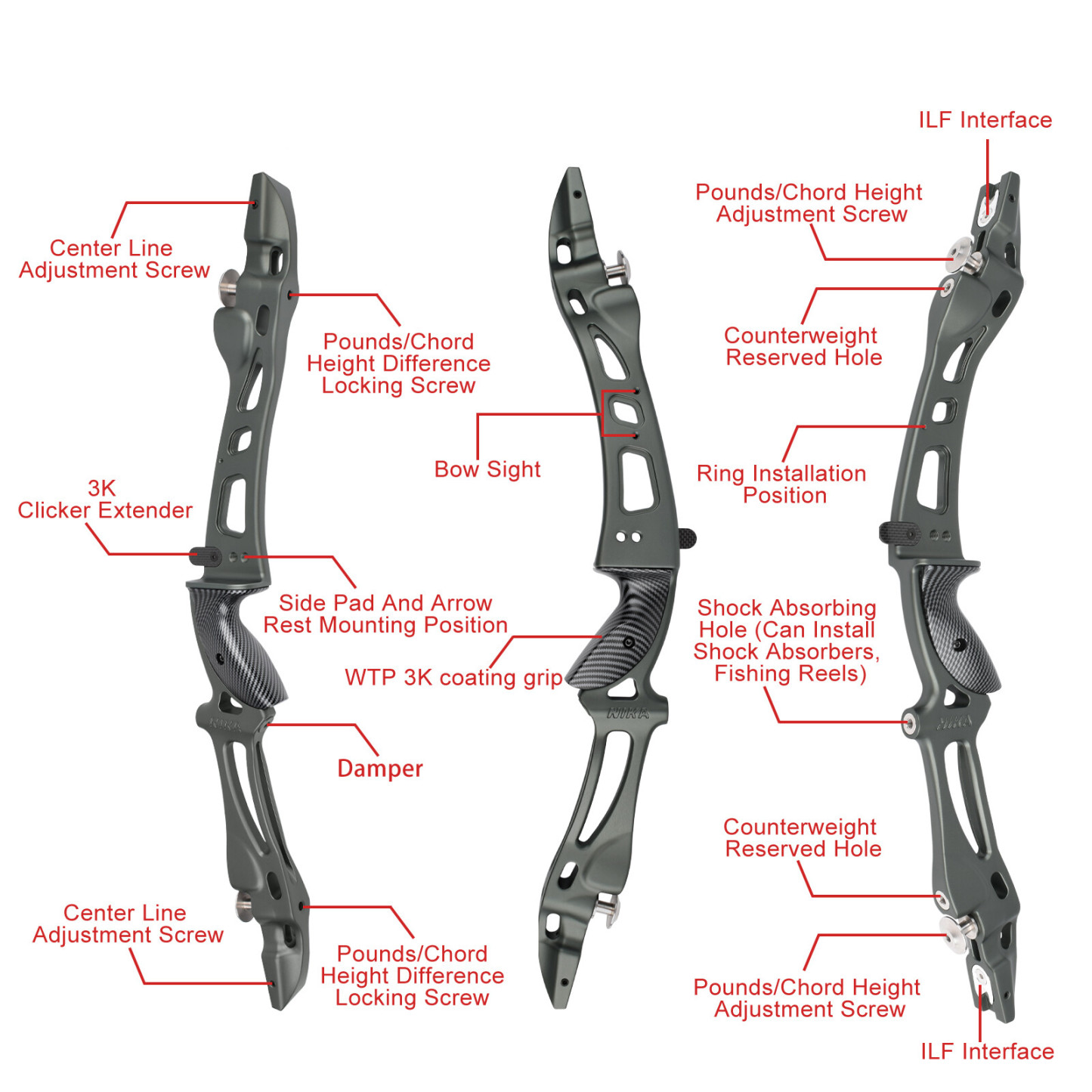 NIKA ET-8 ILF Recurve Bow Riser CNC 6061-T6 Aluminum 25" RH