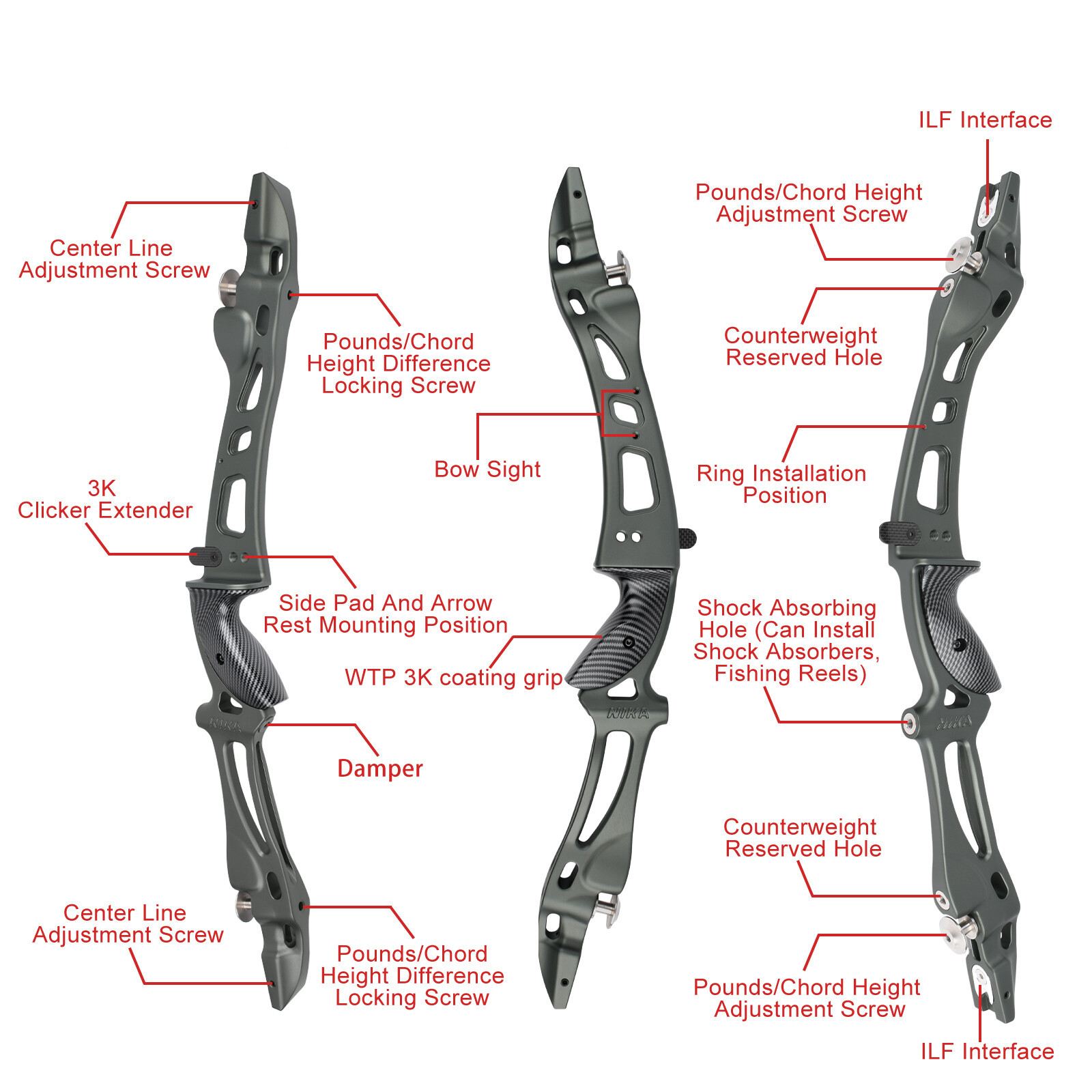 NIKA ET-8 ILF Recurve Bow Riser CNC 6061-T6 Aluminum 25" RH