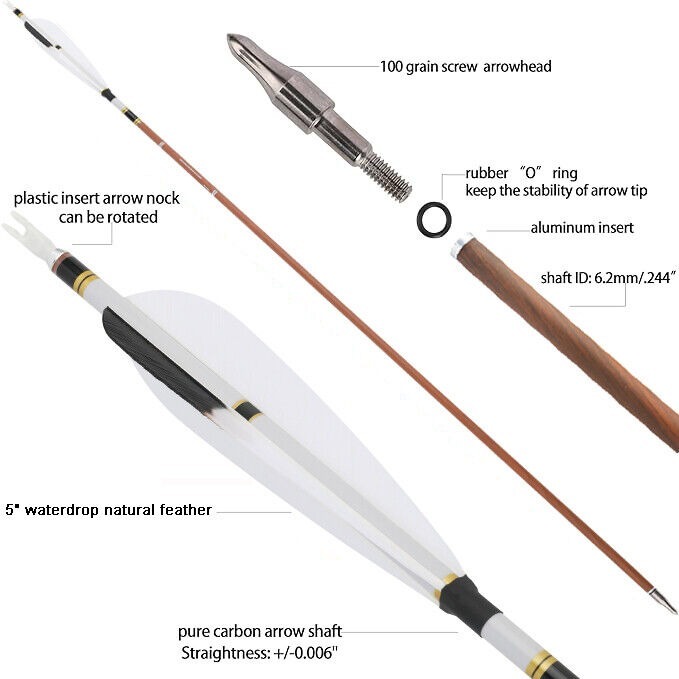 31 inch Pure Carbon Arrows 5 inch Natural Feather Archery Bow Hunting