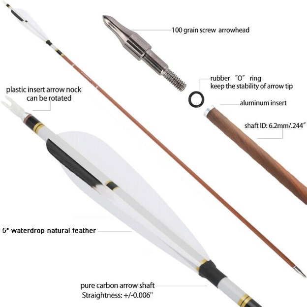 31 inch Pure Carbon Arrows 5 inch Natural Feather Archery Bow Hunting