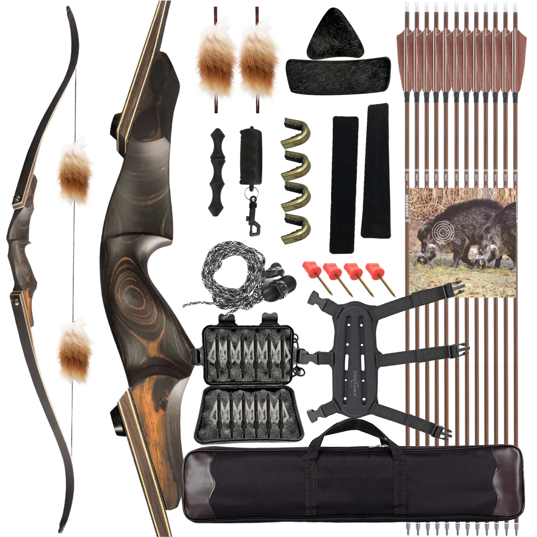 Takedown Hunting Wooden Recurve Bow 60" 25-60lbs for Adult