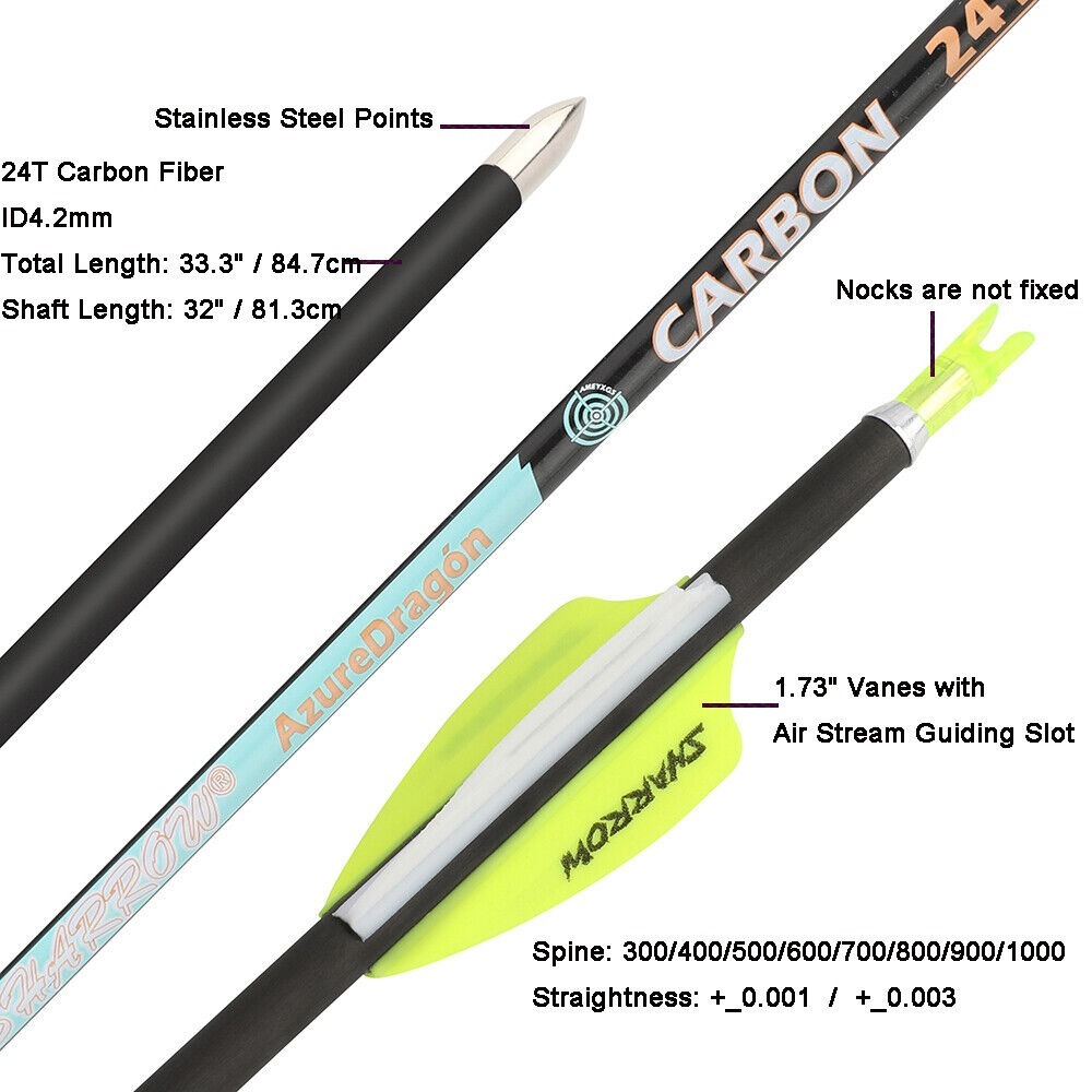 Pure Carbon Arrows 32 inch SP300-1000 Vanes .003" Recurve Compound Bow