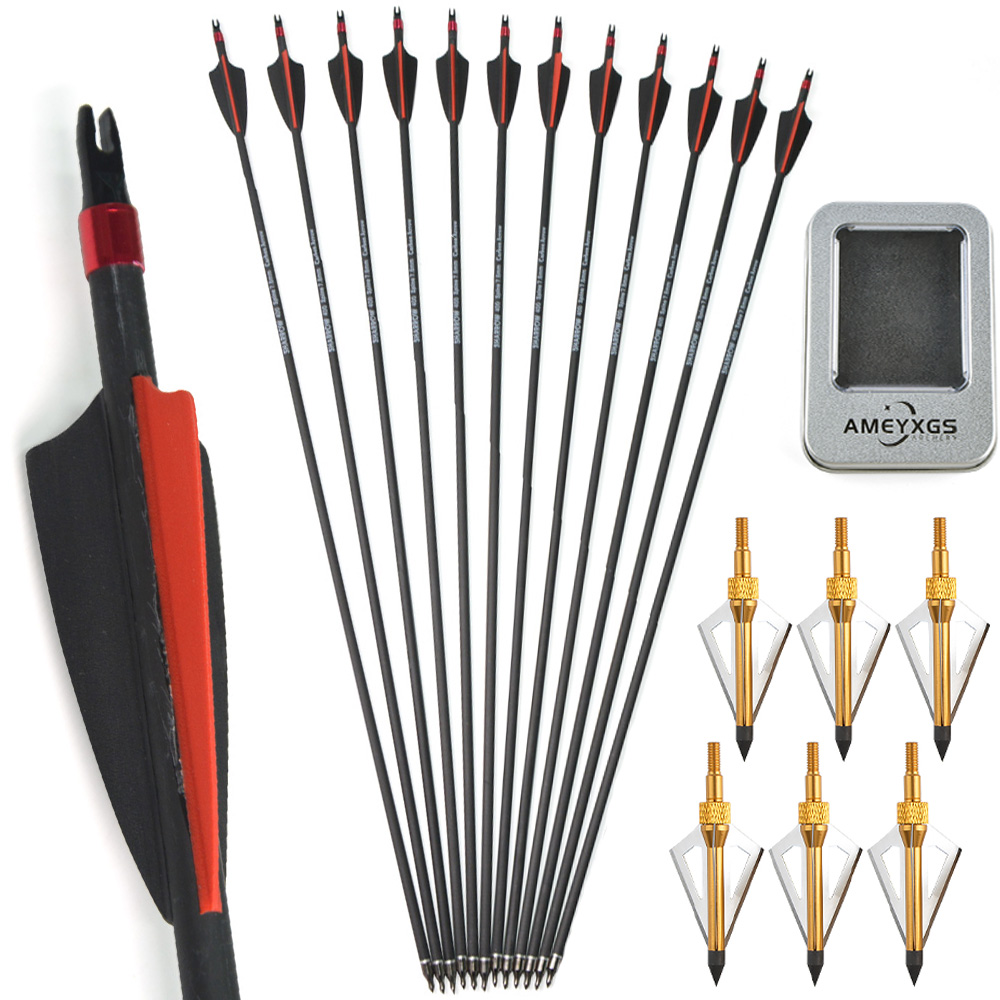 12pcs Mixed Carbon Arrows 400 500 Spine with Rubber Feathers and 6 Yellow Jade Arrowheads