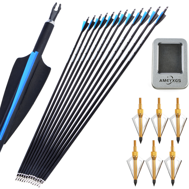 12pcs Mixed Carbon Arrows 400 500 Spine with Rubber Feathers and 6 Yellow Jade Arrowheads