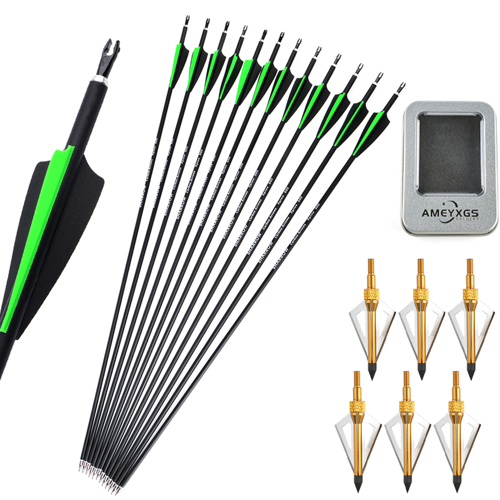 12pcs Mixed Carbon Arrows 400 500 Spine with Rubber Feathers and 6 Yellow Jade Arrowheads