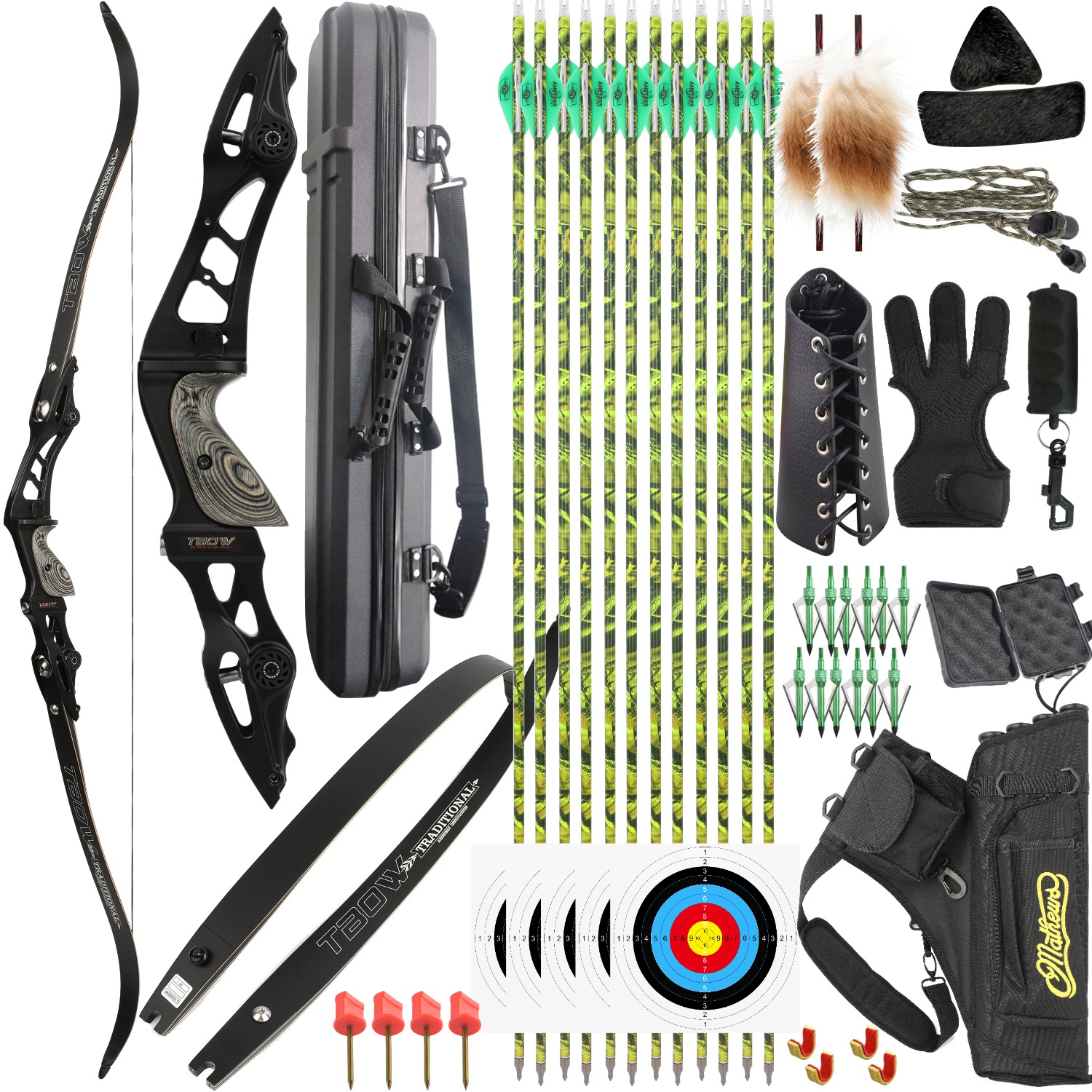 TBOW F263ILF Recurve Bow Hunting Set 62" 25-60lbs Target CNC