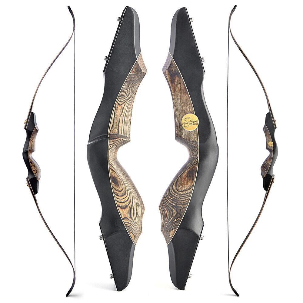 Ergonomic wooden handle recurve bow for comfortable shooting.