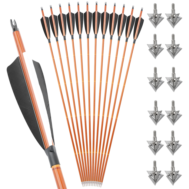 12pcs 30" Mixed Carbon Bamboo Pattern Arrows with 12 Bonus Cross-Star Arrowheads – Multi-Color Target Set