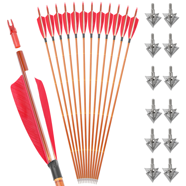 12pcs 30" Mixed Carbon Bamboo Pattern Arrows with 12 Bonus Cross-Star Arrowheads – Multi-Color Target Set