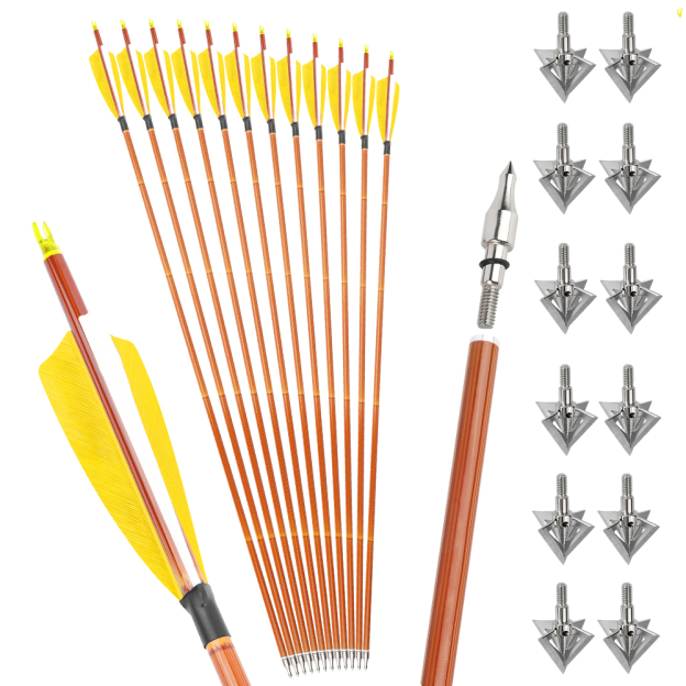 12pcs 30" Mixed Carbon Bamboo Pattern Arrows with 12 Bonus Cross-Star Arrowheads – Multi-Color Target Set