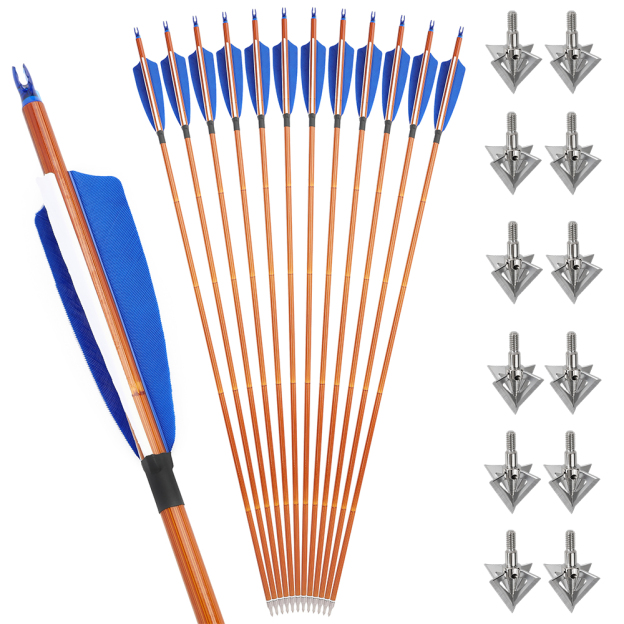 12pcs 30" Mixed Carbon Bamboo Pattern Arrows with 12 Bonus Cross-Star Arrowheads – Multi-Color Target Set