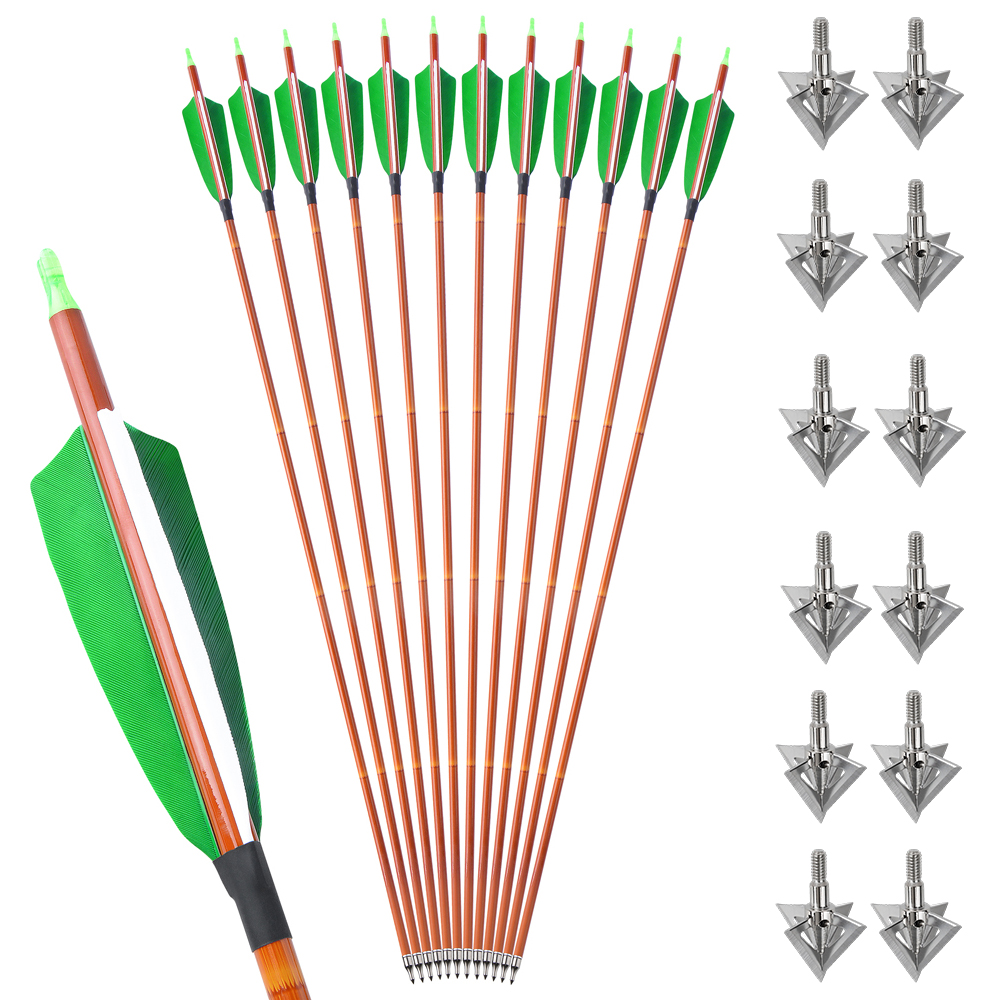 12pcs 30" Mixed Carbon Bamboo Pattern Arrows with 12 Bonus Cross-Star Arrowheads – Multi-Color Target Set
