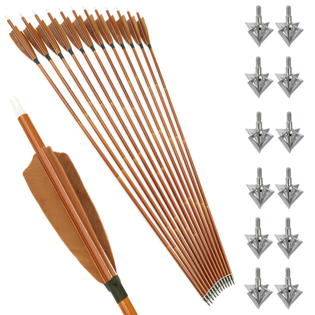 12pcs 30" Mixed Carbon Bamboo Pattern Arrows with 12 Bonus Cross-Star Arrowheads – Multi-Color Target Set