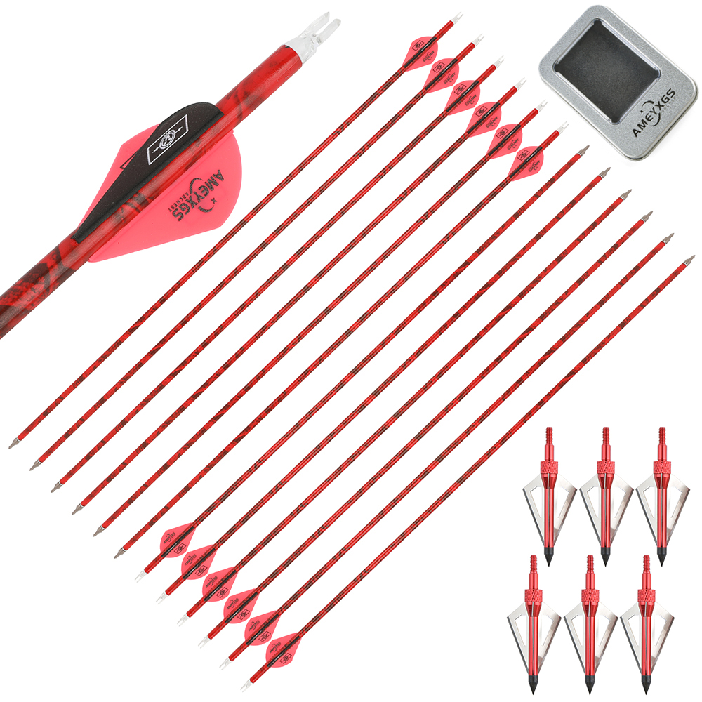 12PCS Camouflage Mixed Carbon Arrows 500 Spine 30in – Green Forest, Yellow, Red Camouflage