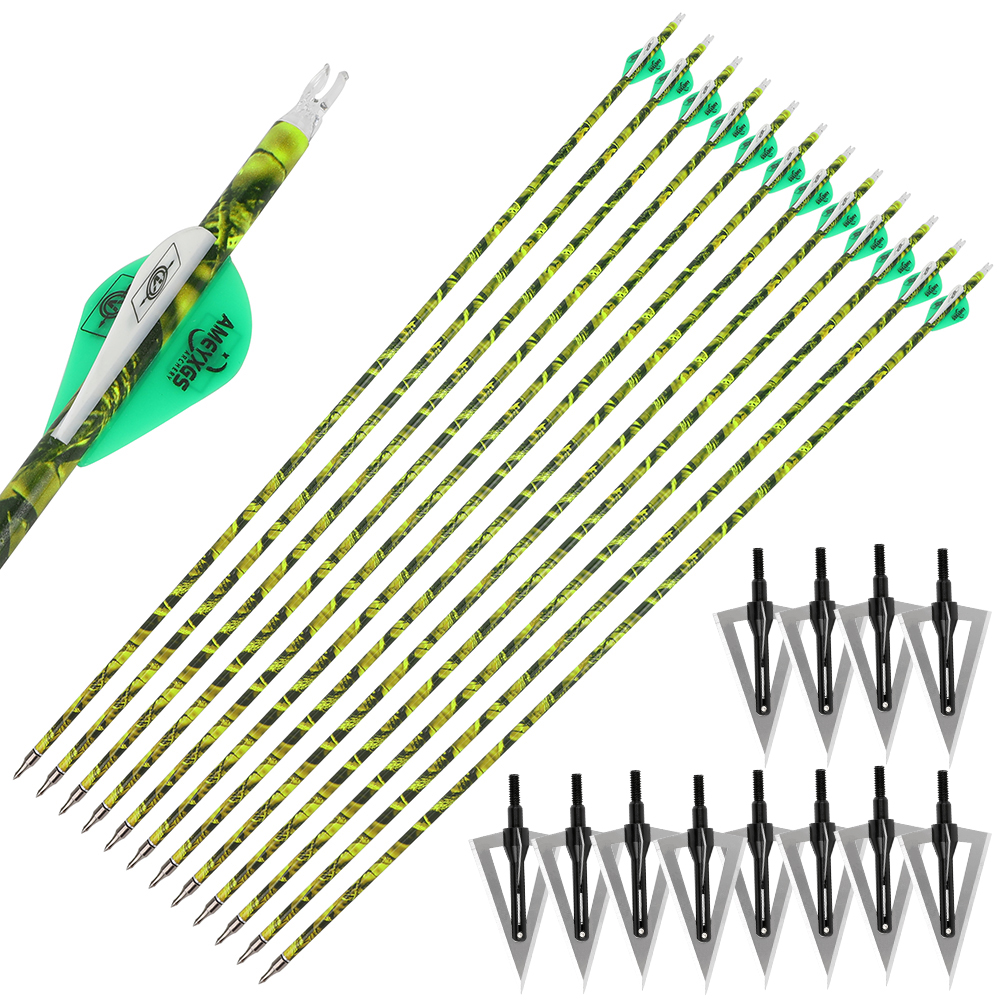 12PCS Camouflage Mixed Carbon Arrows 500 Spine 30in – Green Forest, Yellow, Red Camouflage