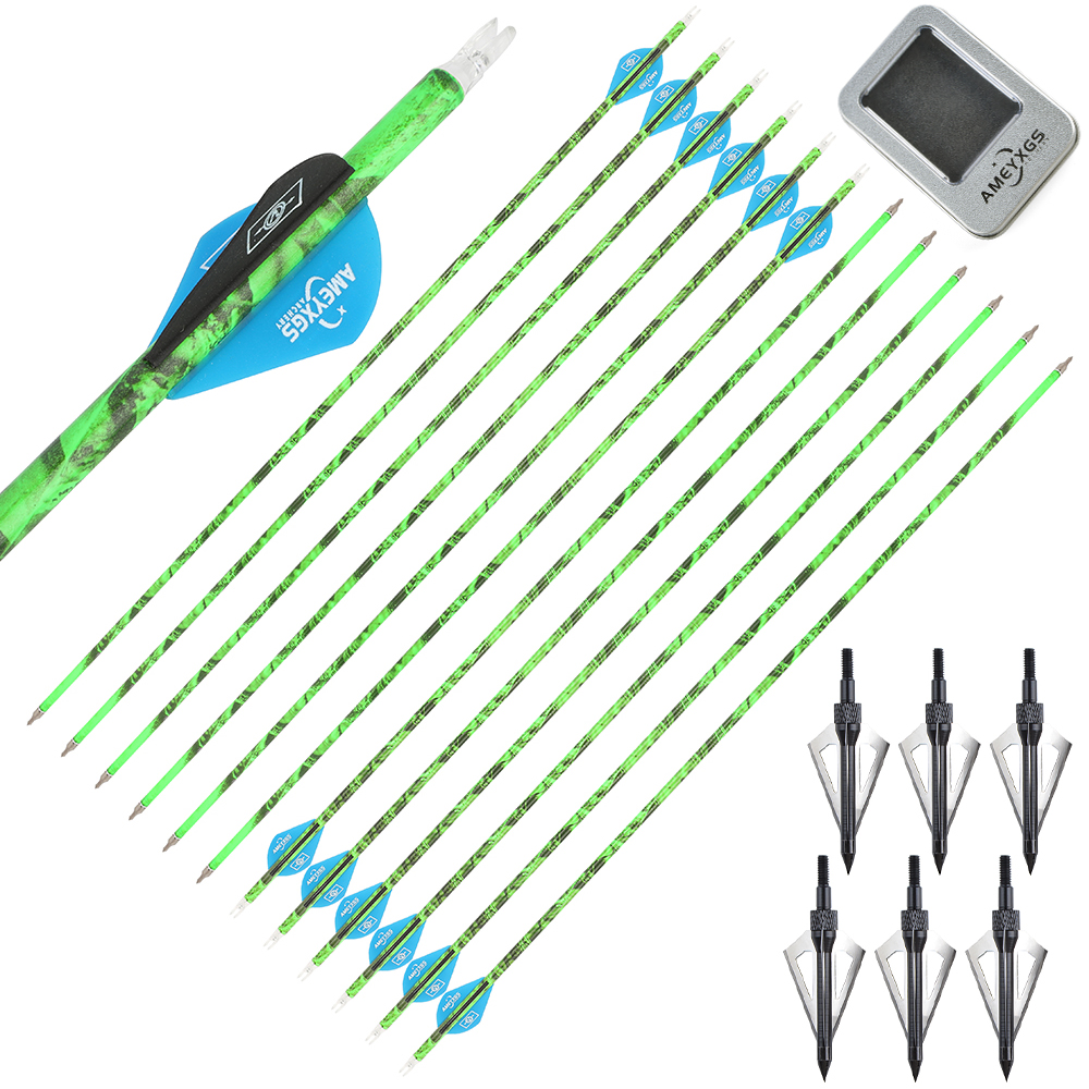12PCS Camouflage Mixed Carbon Arrows 500 Spine 30in – Green Forest, Yellow, Red Camouflage
