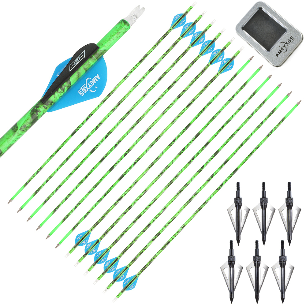 12PCS Camouflage Mixed Carbon Arrows 500 Spine 30in – Green Forest, Yellow, Red Camouflage