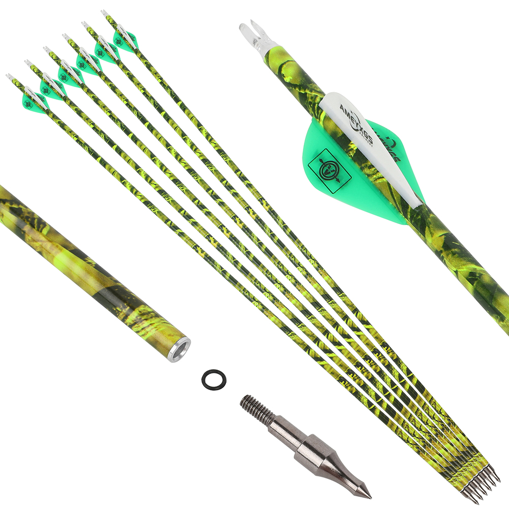 12PCS Camouflage Mixed Carbon Arrows 500 Spine 30in – Green Forest, Yellow, Red Camouflage