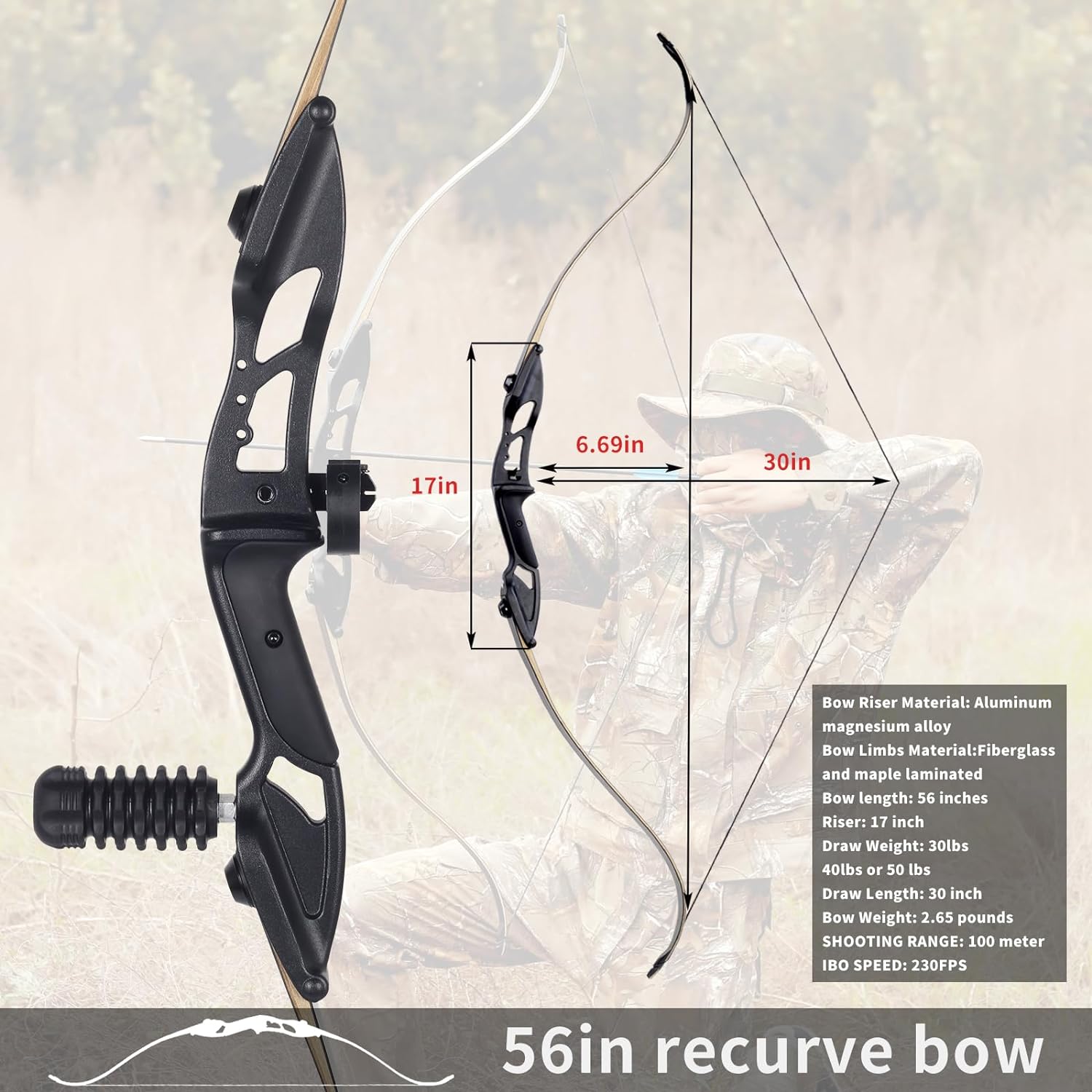 JUNXING F179 56 inch Recurve Bow Set 30-50 lbs Adult Target Hunting 