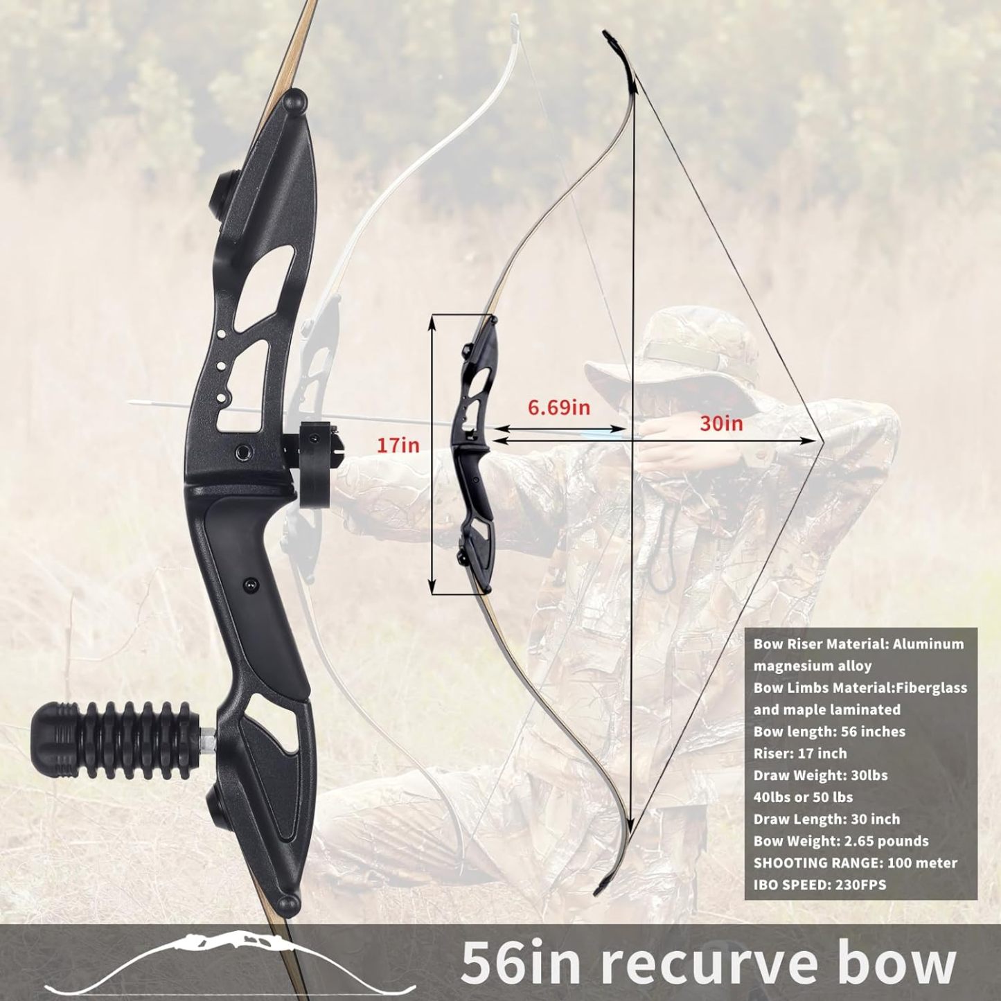 JUNXING F179 56 inch Recurve Bow Set 30-50 lbs Adult Target Hunting 