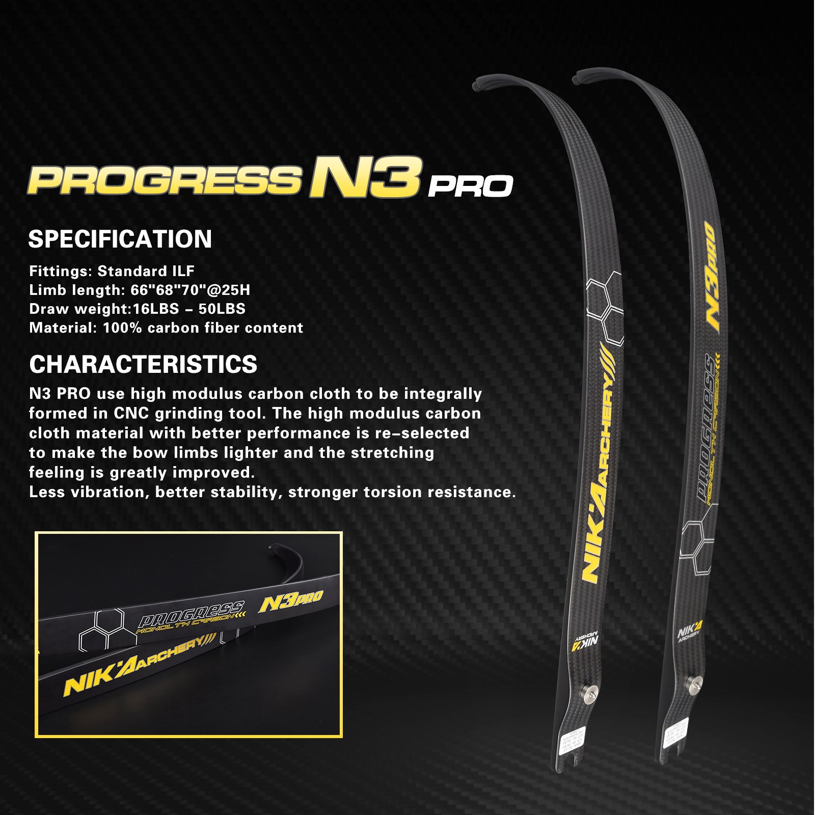 NIKA N3 PRO Limbs ILF Recurve Bow 68" @25H 100% Carbon Fiber 16-50lbs