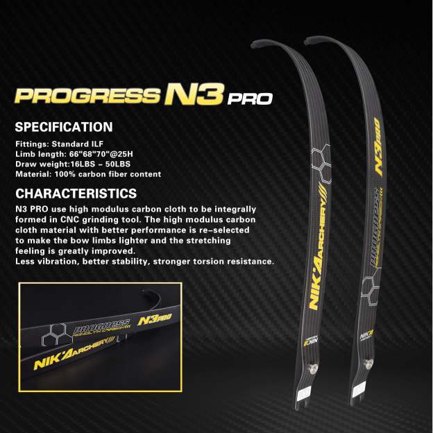 NIKA N3 PRO Limbs ILF Recurve Bow 68" @25H 100% Carbon Fiber 16-50lbs