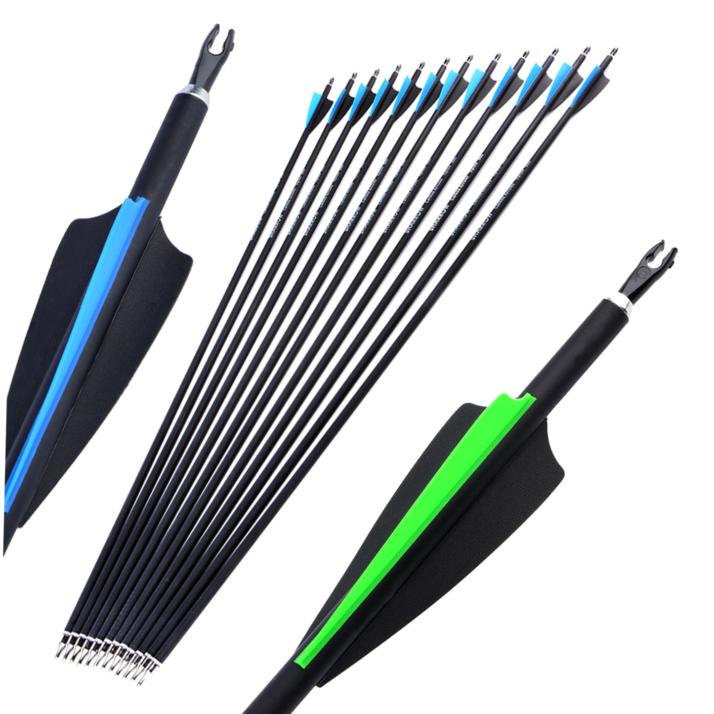 12pcs Mixed Carbon Arrows 400 500 Spine Rubber Feathers 6 Yellow Jade Heads