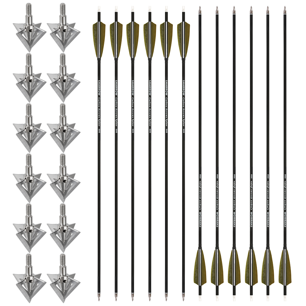 Spine 500 Mixed Carbon Arrows 30" – 12pcs Set with Cross-Star Arrowheads