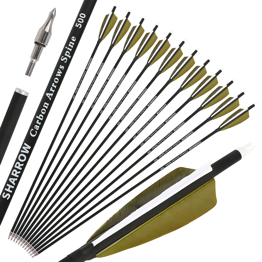 Spine 500 Mixed Carbon Arrows 30" – 12pcs Set with Cross-Star Arrowheads