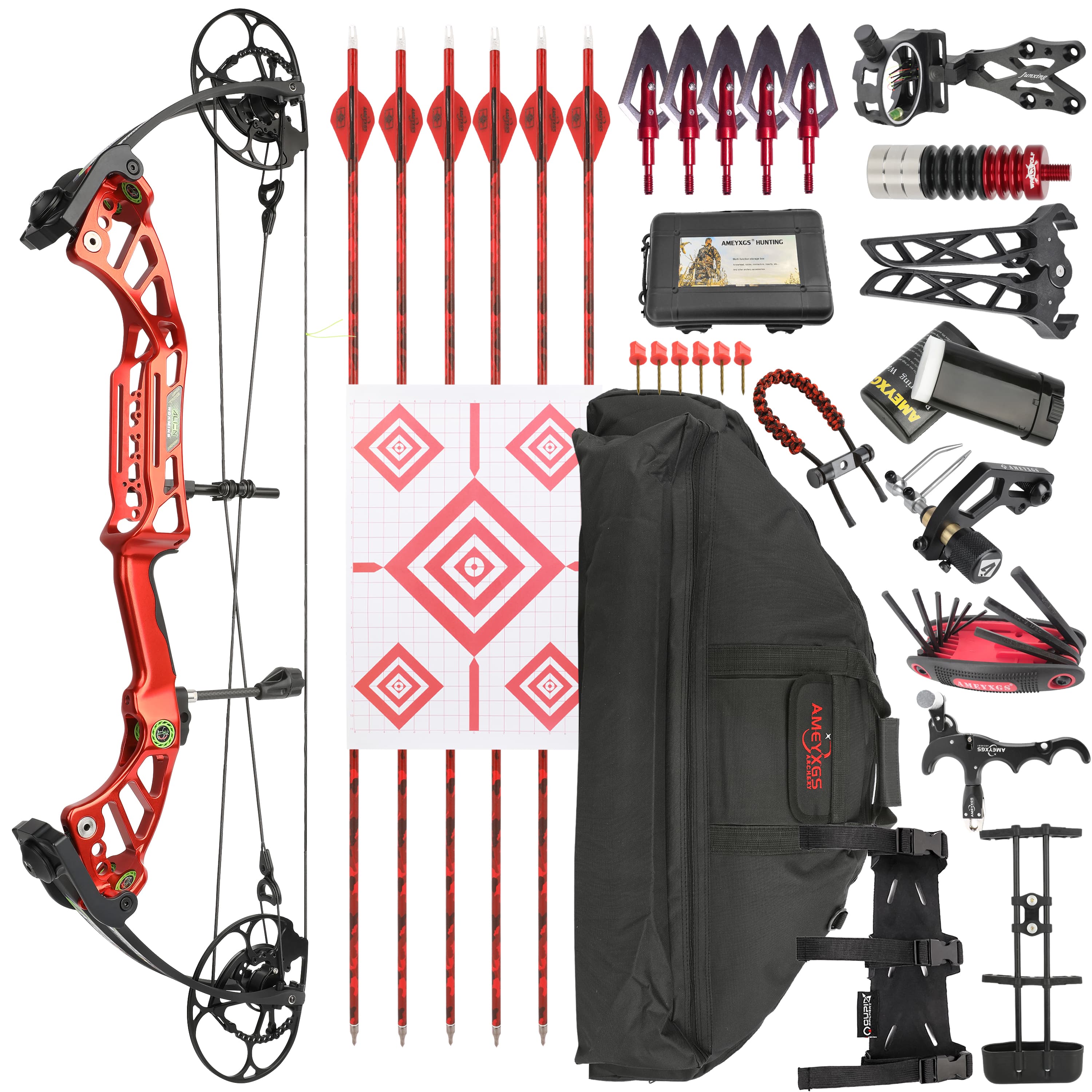 Red compound bow showing CNC-machined cams and split-limb construction