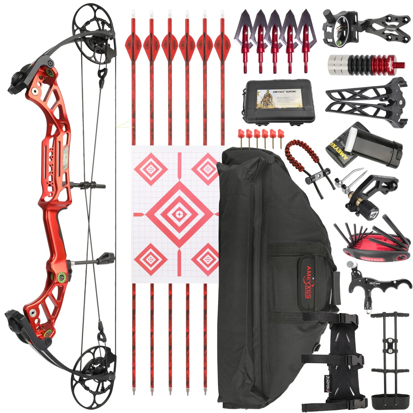 Red compound bow showing CNC-machined cams and split-limb construction