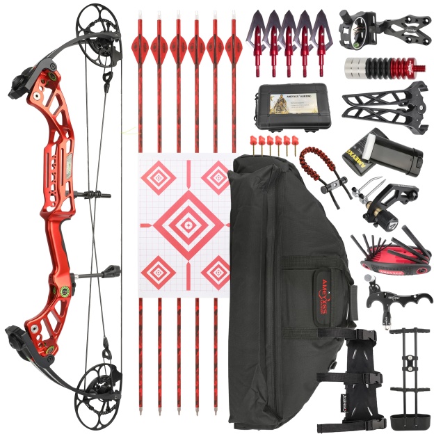 Red compound bow showing CNC-machined cams and split-limb construction