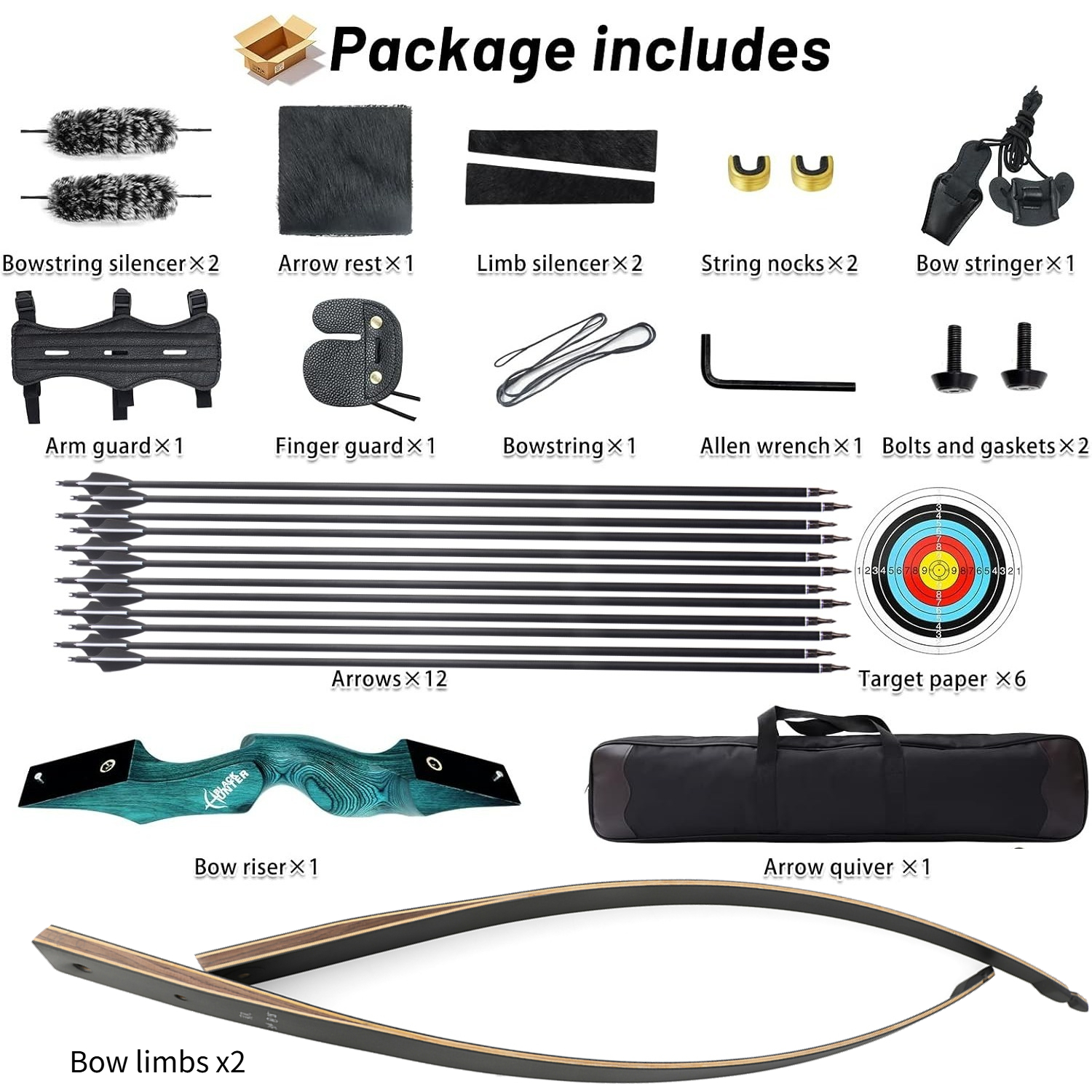 BLACK HUNTER Longbow Hunting Adults Archery Set 60" 20-60lbs LH RH