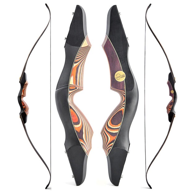 Ergonomic wooden handle recurve bow for comfortable shooting.