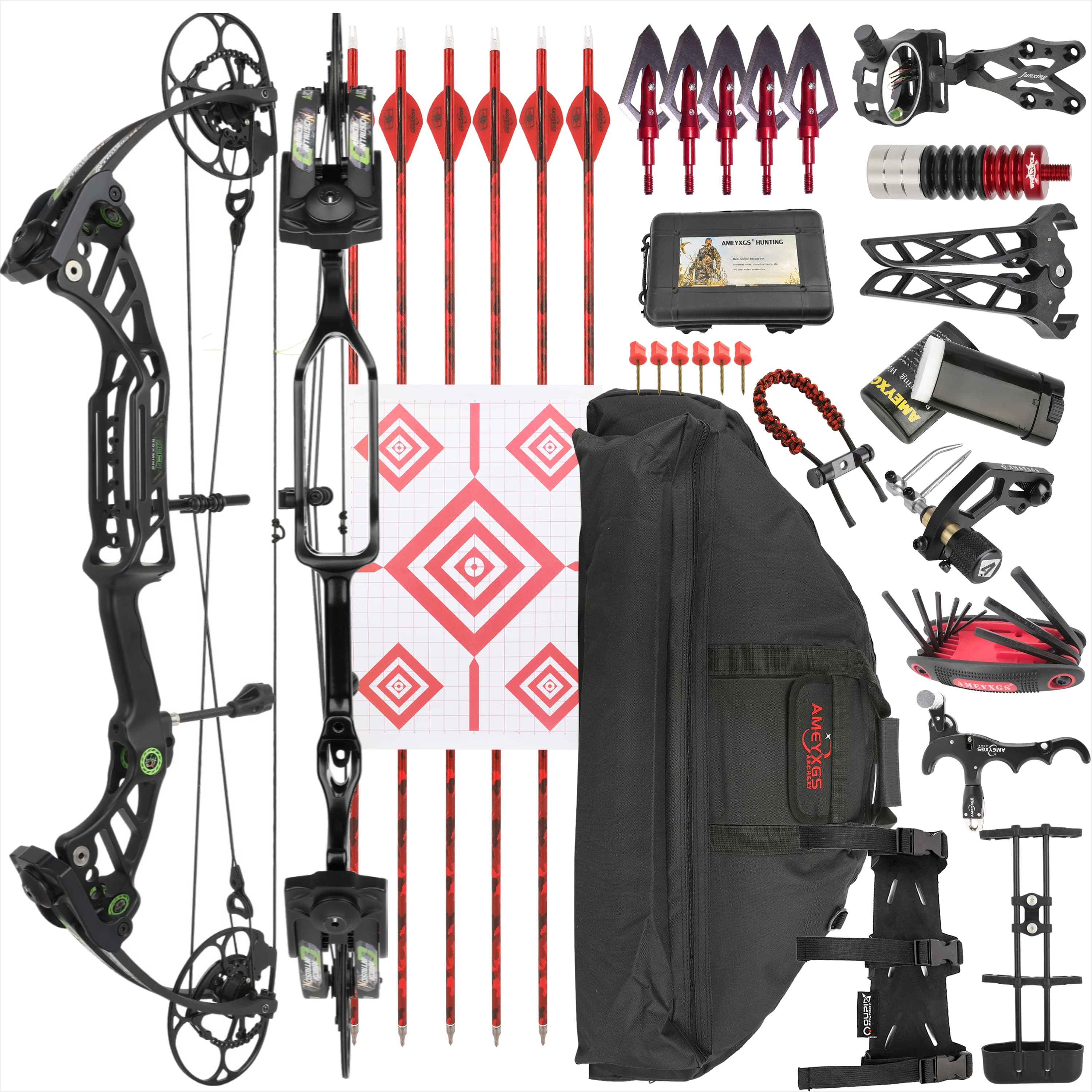 Complete accessory package including sight, stabilizer, arrows, and maintenance tools