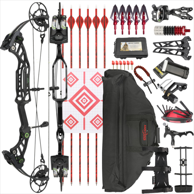 Complete accessory package including sight, stabilizer, arrows, and maintenance tools