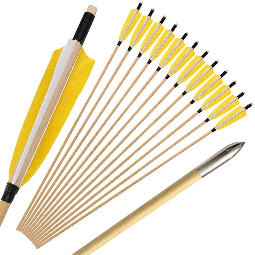 32" Traditional Wooden Arrows 12pcs, 5" Shield Turkey Feather Fletching