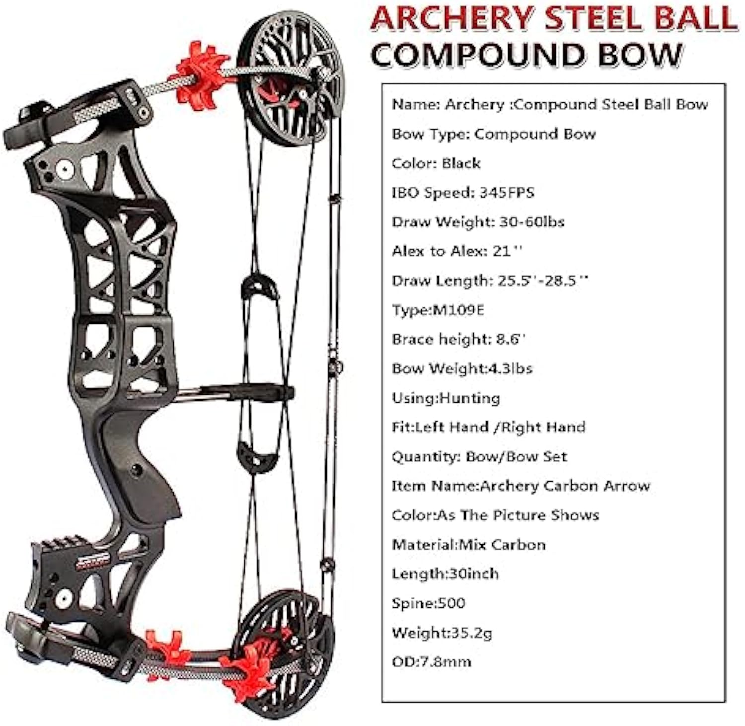 M109E Compound Bow and Arrow Set Steel Ball Shooting Hunting LH RH