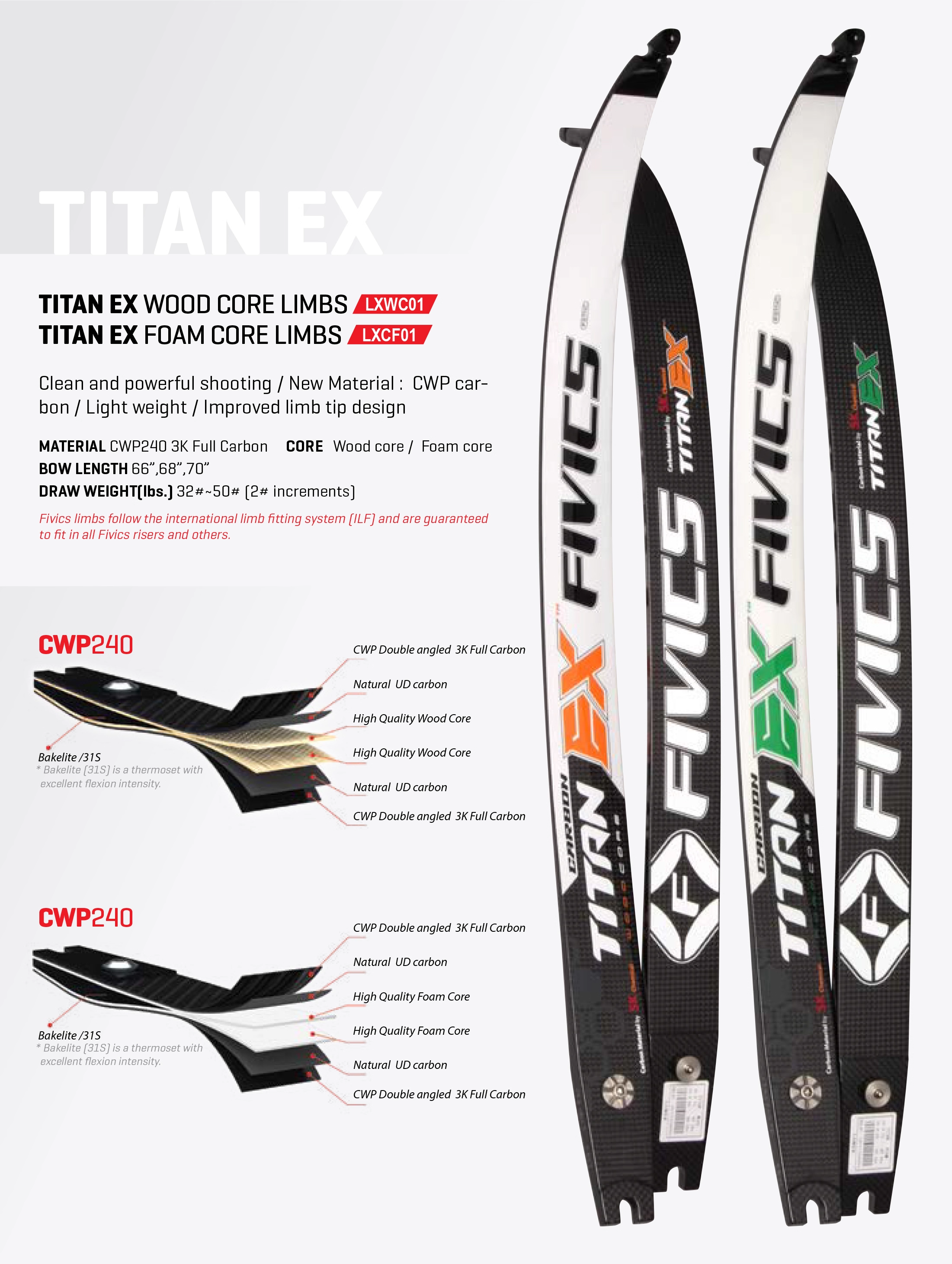 FIVICS TITAN EX Foam/Wooden Core Recurve Bow Limbs