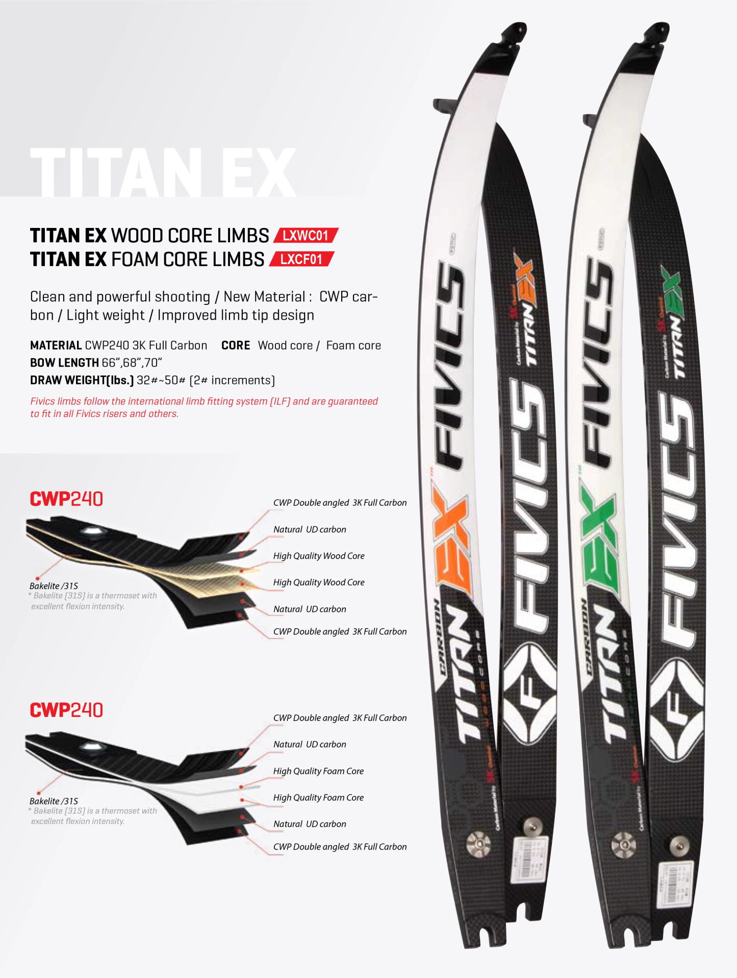 FIVICS TITAN EX Foam/Wooden Core Recurve Bow Limbs